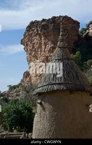 Les greniers du village avec vue sur la falaise de Bandiagara, pays dogon, Mali, Afrique de l'Ouest Banque D'Images