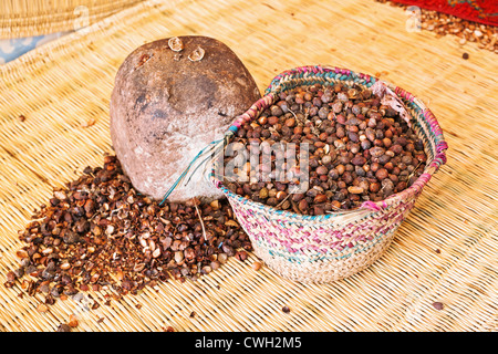 Olives d'argan dans un panier en osier Banque D'Images