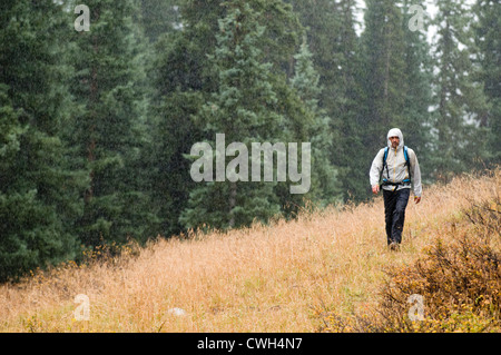 Un homme de la randonnée dans la pluie sur Molas Pass, San Juan National Forest, Silverton, Colorado.Un homme randonnée dans la pluie sur Molas Pass, Sa Banque D'Images