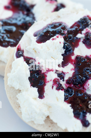 Bagel nature avec du fromage à pâte molle et de confiture de bruine Banque D'Images