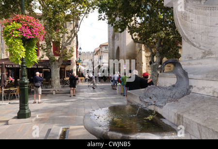 Fontaine en Place Saint Louis en regardant Gran Rue Jean Jaurès avec l'église Notre Dame des Sablon droit sur Aigues Mortes France Banque D'Images