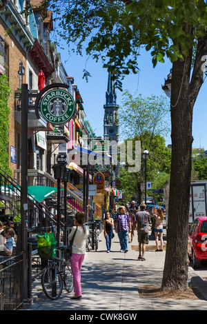 Bars, cafés, restaurants et boutiques le long de la rue Saint-Denis dans le Quartier Latin (Quartier Latin), Montréal, Québec, Canada Banque D'Images