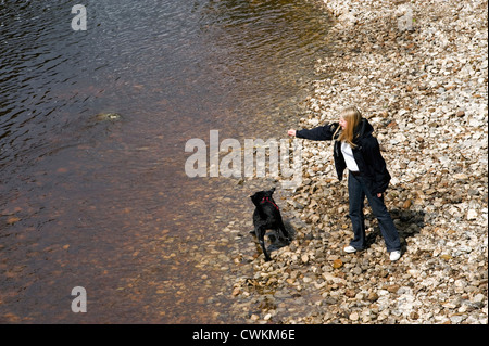 Jeune femme sur les bords de la rivière de jeter un bâton dans l'eau pour son chien Banque D'Images