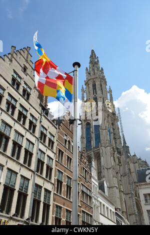 Flèche de cathédrale de Notre Dame, Grote Markt, Anvers, Anvers Province, Région flamande, Belgique Banque D'Images