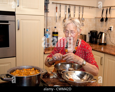 Polish senior woman age 86 champignons de nettoyage dans la cuisine (grzyby) pour le repas en famille. Zawady Centre de la Pologne Banque D'Images