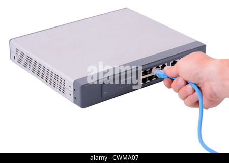 Côté branchement d'une prise rj45 à un concentrateur de réseau Banque D'Images