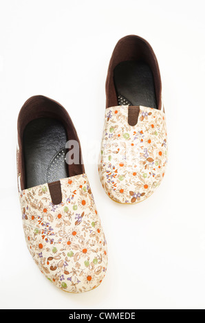 Une paire de slip-ons chers à motifs floraux Banque D'Images