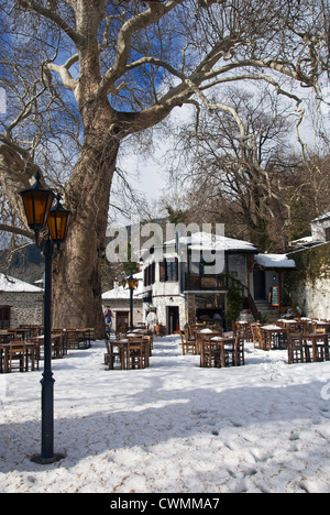 Place du village couvert de neige du village de montagne en hiver (Visitza la péninsule de Pelion, Thessalie, Grèce) Banque D'Images