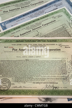 PAN American World Airways stock Certificate, États-Unis Banque D'Images