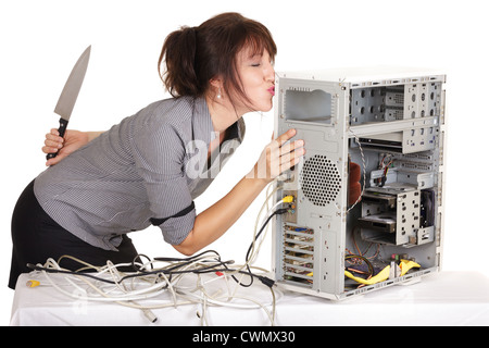 Business Woman kissing ordinateur avant d'avoir tué il
