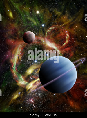Illustration - une paire de planètes exotiques flottent parmi les étoiles et d'une nébuleuse fiery dans l'espace lointain. Banque D'Images