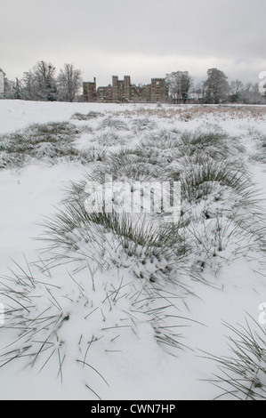 Cowdray ruines, vu de l'avant à côté de Causeway. La neige en décembre. Midhurst, West Sussex, UK. Le Parc National des South Downs. Banque D'Images