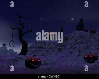 Citrouilles d'Halloween et de maisons, arbres, croix, Crow et dead man par nuit noire Banque D'Images