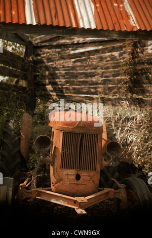 Tracteur délabré dans une grange. Banque D'Images