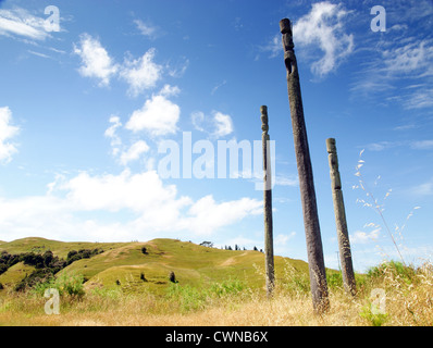 Pou Maori ou totems à l'extérieur du village historique Pa Otatara en place, Hawke's Bay, Nouvelle-Zélande Banque D'Images