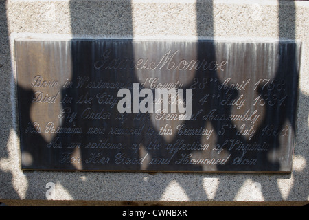 Tombeau du président James Monroe, cinquième président des États-Unis, à Hollywood cemetery. Richmond, Virginie, USA Banque D'Images