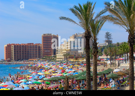 Plage en haute saison , Benalmadena. La province de Malaga, Costa del Sol, Andalousie, Espagne Banque D'Images