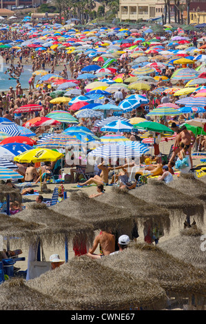 Plage en haute saison , Benalmadena. La province de Malaga, Costa del Sol, Andalousie, Espagne Banque D'Images