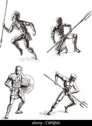 Les gladiateurs de la Rome antique. Ensemble de croquis en noir et blanc illustrations vectorielles. Banque D'Images