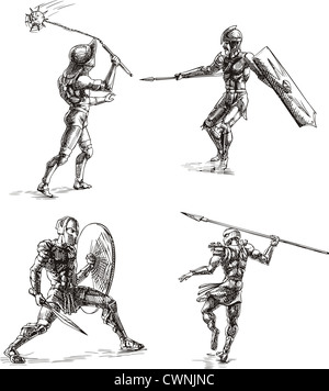 Les gladiateurs de la Rome antique. Ensemble de croquis en noir et blanc illustrations vectorielles. Banque D'Images