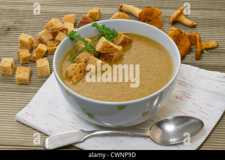 Purée soupe de chanterelles servi avec des croûtons Banque D'Images