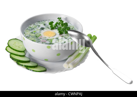 Soupe froide d'été avec des légumes sur un fond blanc Banque D'Images