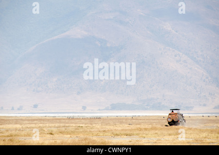 CRATÈRE NGORONGORO, Tanzanie — Un véhicule de safari dans la plaine du cratère Ngorongoro dans la zone de conservation de Ngorongoro, qui fait partie du circuit nord de la Tanzanie des parcs nationaux et des réserves naturelles. Banque D'Images