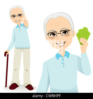 Happy senior man holding réussie de l'argent et faire du ventilateur Thumbs up sign Banque D'Images