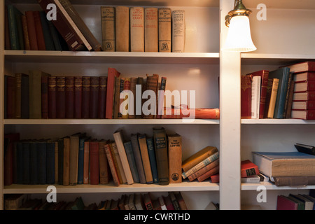 Une variété de vieux livres bien usé sur une étagère, éclairé par une lampe montée. Banque D'Images