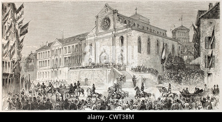 Napoléon III et l'Impératrice Eugénie en face de la cathédrale d'Annecy, France Banque D'Images