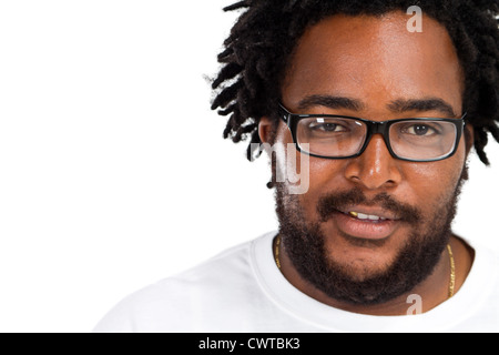 Happy funny african american man headshot sur fond blanc en studio Banque D'Images