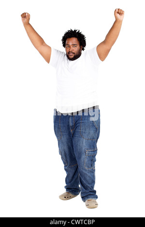 Funny surpoids african american man bras isolated on white Banque D'Images