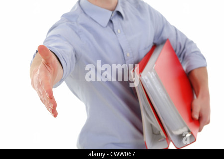 Jeune homme au pouvoir avec la main de bienvenue Banque D'Images