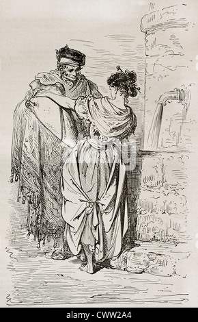 L'espagnol l'homme et la femme à la fontaine. Créé par Gustave Dore, publié sur le Tour du Monde, Ed. Hachette, Paris, 1867 Banque D'Images