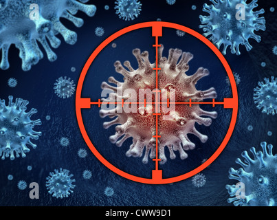 Traiter l'infection avec un traitement médical ciblé avec les produits pharmaceutiques et les doses appropriées de la médecine hospitalière conçue par bio scientifiques et médecins représentés par des virus bactériens cellules avec les viseurs cible. Banque D'Images