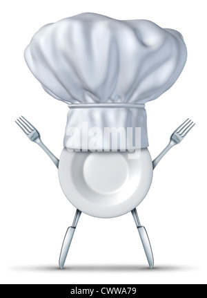 Chef de cuisine avec plaque symbole de la fourche et le couteau qui représente le concept de la cuisine saine et créative cuisine amusant pour les enfants et Banque D'Images