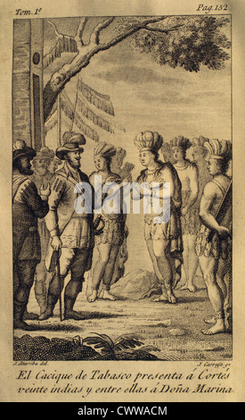 Le cacique de Tabasco présente à vingt Hernan Cortes et indiennes entre elles Dona Marina. Gravure, 1825. Banque D'Images