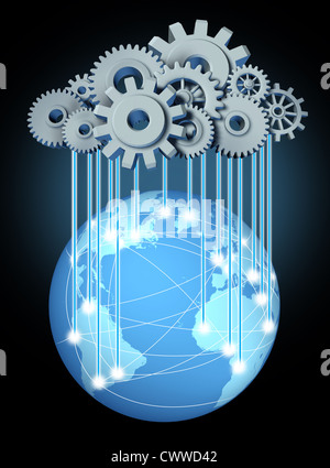 La mise en réseau globale cloud computing symbole de réseau avec un nuage et de la pluie sous la forme d'engrenages et pignons représentant l'expansion Banque D'Images