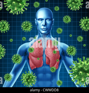 Infection pulmonaire, représenté par un humain avec x-ray image des poumons et du corps avec des cellules virus attaquant le patient d'un état Banque D'Images