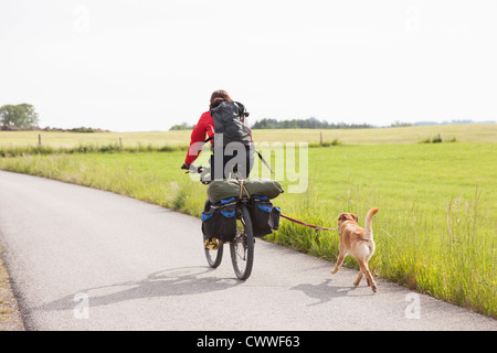 Man riding bicycle with dog Banque D'Images