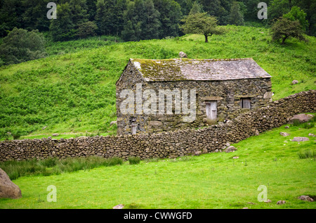 Une grange en pierre dans de verts pâturages et arbres près de Hartsop Hall dans le Lake District, Cumbria. Banque D'Images