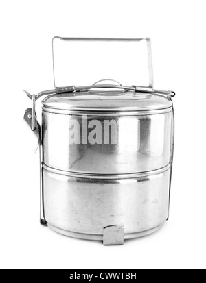 Silver Metal Tiffin, contenant des aliments sur fond blanc Banque D'Images
