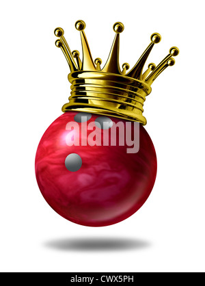 Bowling king symbole champion représentée par une couronne d'or sur une boule en plastique rouge pour représenter les joueurs de gagner un tournoi ou à un jeu de bowling en raison de nombreuses grèves des broches.. Banque D'Images