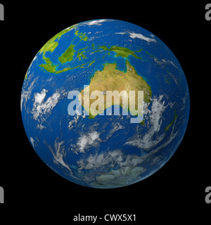 L'Australie sur la terre globe représentant le continent australien avec les villes de Sydney et Melbourne sur le continent d'Oceana dans le bassin du Pacifique représentés sur une carte du monde sur fond noir. Banque D'Images