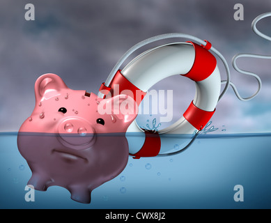 L'aide financière et de sauvetage à partir de problèmes d'endettement et de conserver vos placements au-dessus de l'eau représenté par une noyade pink piggy bank Banque D'Images