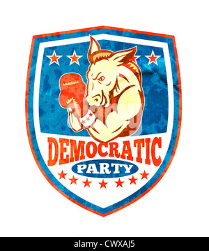 Illustration d'un démocrate âne mascotte de la grand old party avec des gants de boxe boxeur gop situé à l''intérieur de shield