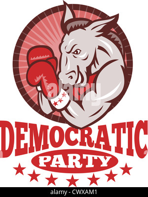 Illustration d'un démocrate âne mascotte de la grand old party boxer avec des gants de boxe gop mis à l'intérieur du cercle