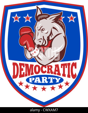 Illustration d'un démocrate âne mascotte de la grand old party avec des gants de boxe boxeur gop situé à l''intérieur de shield