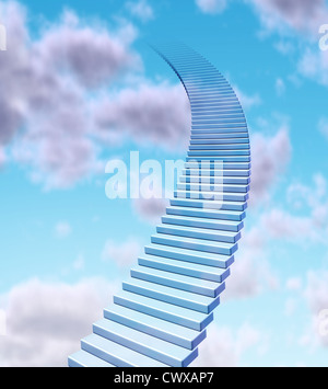 Escalier vers le ciel et atteindre le sommet comme un succès dans les domaines de la promotion des entreprises et les profits financiers concept avec escaliers allant jusqu'à la décoloration bleu nuages hauts dans l'atmosphère. Banque D'Images