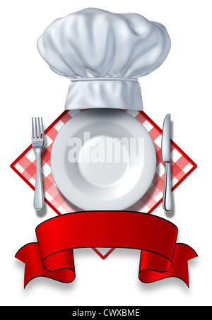 Restaurant design avec une plaque et un chapeau et la fourchette et couteau avec une zone vide pour votre texte sur un fond blanc sur un tapis de table pour les dîners et les vendeurs d'aliments ou les cafétérias et traiteurs qui répondent aux clients affamés. Banque D'Images